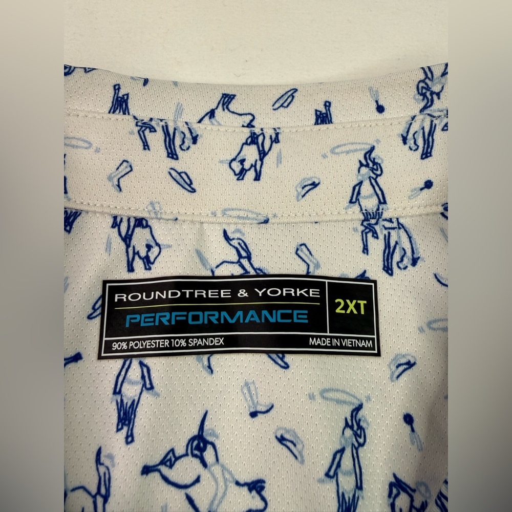 Roundtree & Yorke Bull Riding Rodeo White Blue Print Golf Polo Shirt Size 2XT - Picture 4 of 8